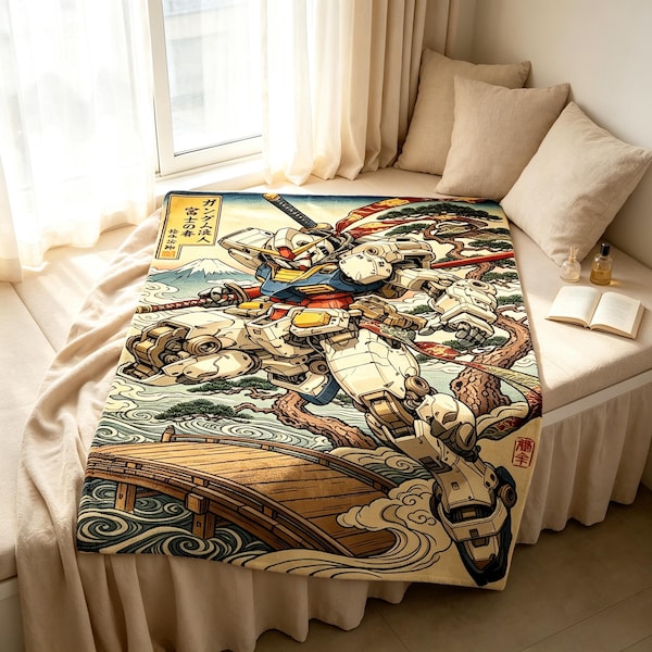 Traditional Japanese Style RX-78 Gundam Throw Blanket,Retro Wave Art Fleece Throw,Male Gamer Holiday Gift