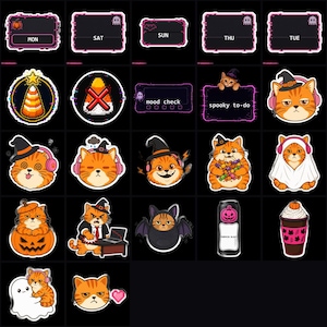 May include: A collection of digital stickers featuring orange tabby cats in various Halloween costumes, candy corn icons, day-of-the-week labels, and a spooky to-do list. The graphics include cats wearing witch hats, headphones, and ghost sheets.