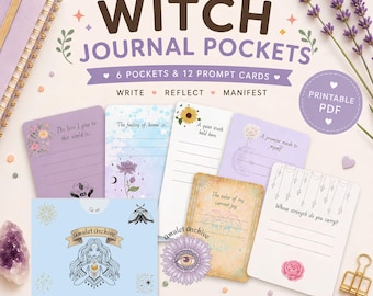 May include: A set of printable witch journal pockets and prompt cards featuring pastel colours, floral illustrations, and celestial motifs. The text includes 'dizgo WITCH JOURNAL POCKETS', '6 POCKETS & 12 PROMPT CARDS', 'WRITE REFLECT MANIFEST', and 'Amulet Archive'.