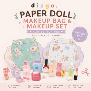 Op de afbeelding: Een printbare papieren poppenmake-uptas en make-upset met twee enveloppen met bloemenpatroon en diverse geïllustreerde cosmetica zoals parfumflesjes, een potje moisturizer, nagellak en lippenstift met de tekst dizgo PAPER DOLL.