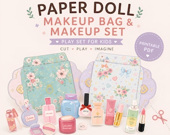 Låtsasmakeupset utskrivbart pappersdockhus låtsaslek DIY pappersdocka kit utklippsmaterial sminkväska flickor aktivitet papperspyssel barn
