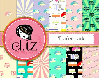 Summer digital paper 'Trailer park' caravans vacation 12 camping backgrounds