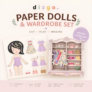 May include: A printable paper doll and wardrobe set featuring the text dizgo, PAPER DOLLS & WARDROBE SET, CUT PLAY IMAGINE, and INSTANT DOWNLOAD. The set includes a doll, various dresses, accessories, and a detailed illustration of a clothing armoire.