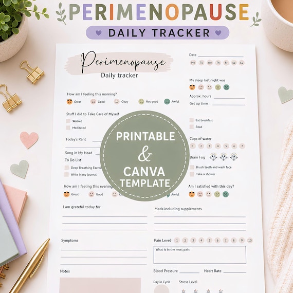 Perimenopause Symptom Tracker Daily Journal Printable Template Hormone Tracking Health Diary Brain Fog Sleep Monitor Menopause Symptoms Pain