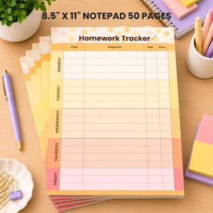 May include: An 8.5 inch by 11 inch homework tracker notepad with 50 pages. The paper features a grid layout with columns for class, assignment, date, and done, organized by days of the week from Monday to Friday in a soft yellow and pink gradient.