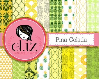 Pineapple digital paper 'pina colada' yellow and green pineapple backgrounds tropical digital paper x 16