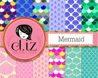 Mermaid digital paper, scallops, fish scales, mosaic texture mermaid background, sea digital paper