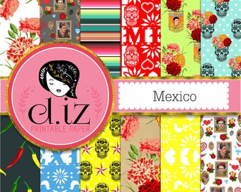 Mexican Digital Paper featuring fiesta style Cinco de mayo, frida kahlo, day of the dead, papel picado, 12 digital papers