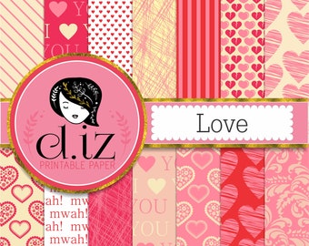 Love digital paper 'Love' 14 valentines digital papers printable pink heart backgrounds to say I Love you