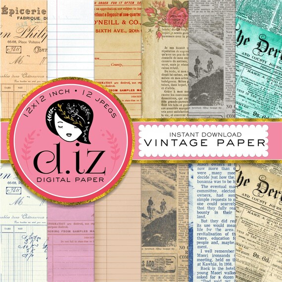 Vintage Old Paper Digital Paper Antique Newspaper Print Junk Journal Pages Aged Ephemera Kit Distressed Backgrounds Scrapbook Kit 12x12
