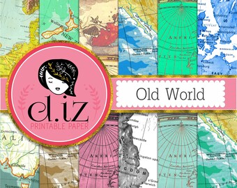 Map digital paper 'Old world' vintage maps, antique backgrounds, map scrapbook paper x 12