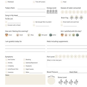 May include: A daily wellness planner page featuring sections for Today's Rant, To Do List, Energy Level, Glasses of water consumed, Brain Fog, How am I feeling this evening, Am I satisfied with this day, I am grateful today for, Meds, Symptoms, Pain Level, Blood Pressure, Heart Rate, Day in Cycle, and Stress Level.