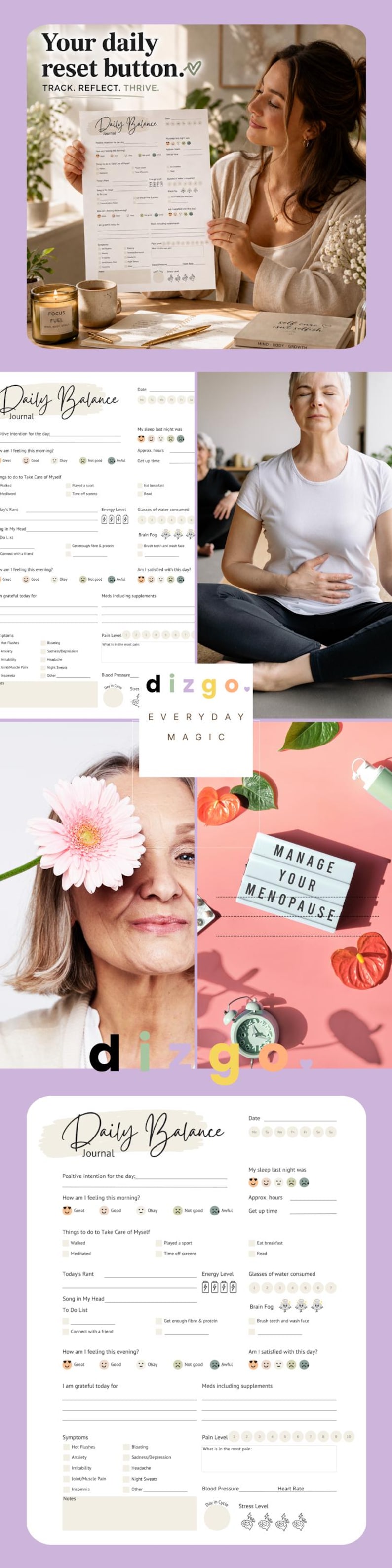 May include: A Daily Balance journal page featuring sections for tracking daily intentions, sleep quality, energy levels, symptoms, and self-care habits. The layout includes checkboxes, mood icons, and lines for notes, designed to monitor wellness and daily health metrics.