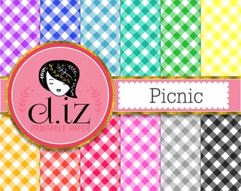 Gingham digital paper red, yellow and blue check gingham, 'Picnic' gingham background plus other colors