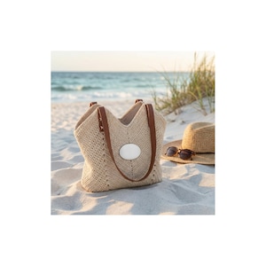 Könnte beinhalten: Beige gewebte Tragetasche mit braunen Ledergriffen und einem weißen ovalen Etikett. Die Tasche liegt an einem Sandstrand neben einem Strohhut und einer Sonnenbrille, mit dem Meer im Hintergrund.