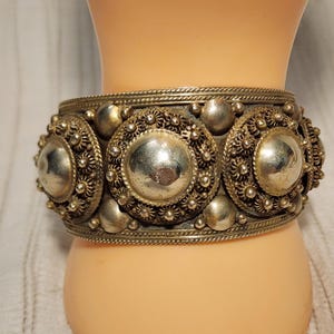 Sterling Silver Wide Cuff Bracelet Ornate Dome Granulated Heavy Statement Mid Century Thailand Siam Style