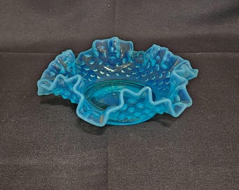 UV Reactive Blue Opalescent Hobnail Bowl Aqua Ruffled Art Glass Bowl Soft Glow 5.25”