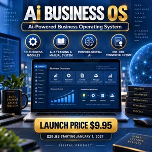 May include: A digital product advertisement for Ai BUSINESS OS, an Ai-Powered Business Operating System. The image displays a laptop screen showing a business dashboard, surrounded by icons for modules, training, and licensing, with text overlays.