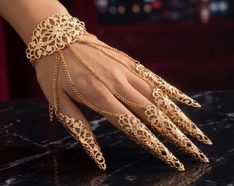 Pulseira de mão em filigrana gótica, estilo Dark Academia, pulseira de armadura para os dedos, correntes com anéis para unhas, joias de mão em ouro e preto