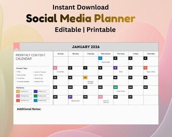 Social Media Content Planner: 12 Month Editorial Calendar (Printable, Editable PDF