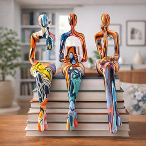 Abstract Thinker Sculpture – Colorful Pop Art Resin Shelf Sitter