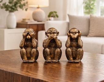 Ensemble de statues des trois singes de la sagesse | Figurines See Hear Speak No Evil en Bronze Antique