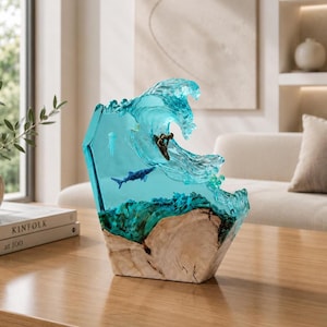 Ocean Wave Resin Sculpture | Coastal Surf Art Decor | Handmade Sea Wave Statue for Beach House & Modern Home