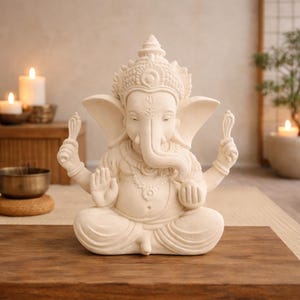 Peut inclure: Une statue de Ganesha, dieu hindou de la sagesse, de couleur crème, est assise en position méditative. La statue présente des détails complexes, dont une couronne, de grandes oreilles et une trompe. Elle tient un outil dans chaque main. La statue est sur une surface en bois.