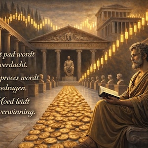 Op de afbeelding: Een digitaal kunstwerk dat een klassieke scène weergeeft met een man die een boek leest. Een pad van gouden munten leidt naar een tempel. De Nederlandse tekst luidt: "Het pad wordt overdacht. Het proces wordt gedragen. Moed leidt tot overwinning."