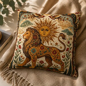 Turkish Lion Sun Pillow Cover, Vintage Floral Cushion Case, Double-Sided Anatolian Art