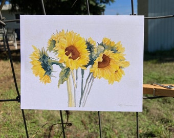Watercolor Sunflowers Painting Card, Cheerful Art Print (5.5x4.25)