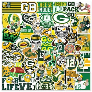 May include: A collection of Green Bay Packers stickers in various shapes and sizes. The stickers feature the team's logo, helmets, footballs, and player illustrations in green, yellow, and white. Text includes "Packers", "Green Bay", and player names.