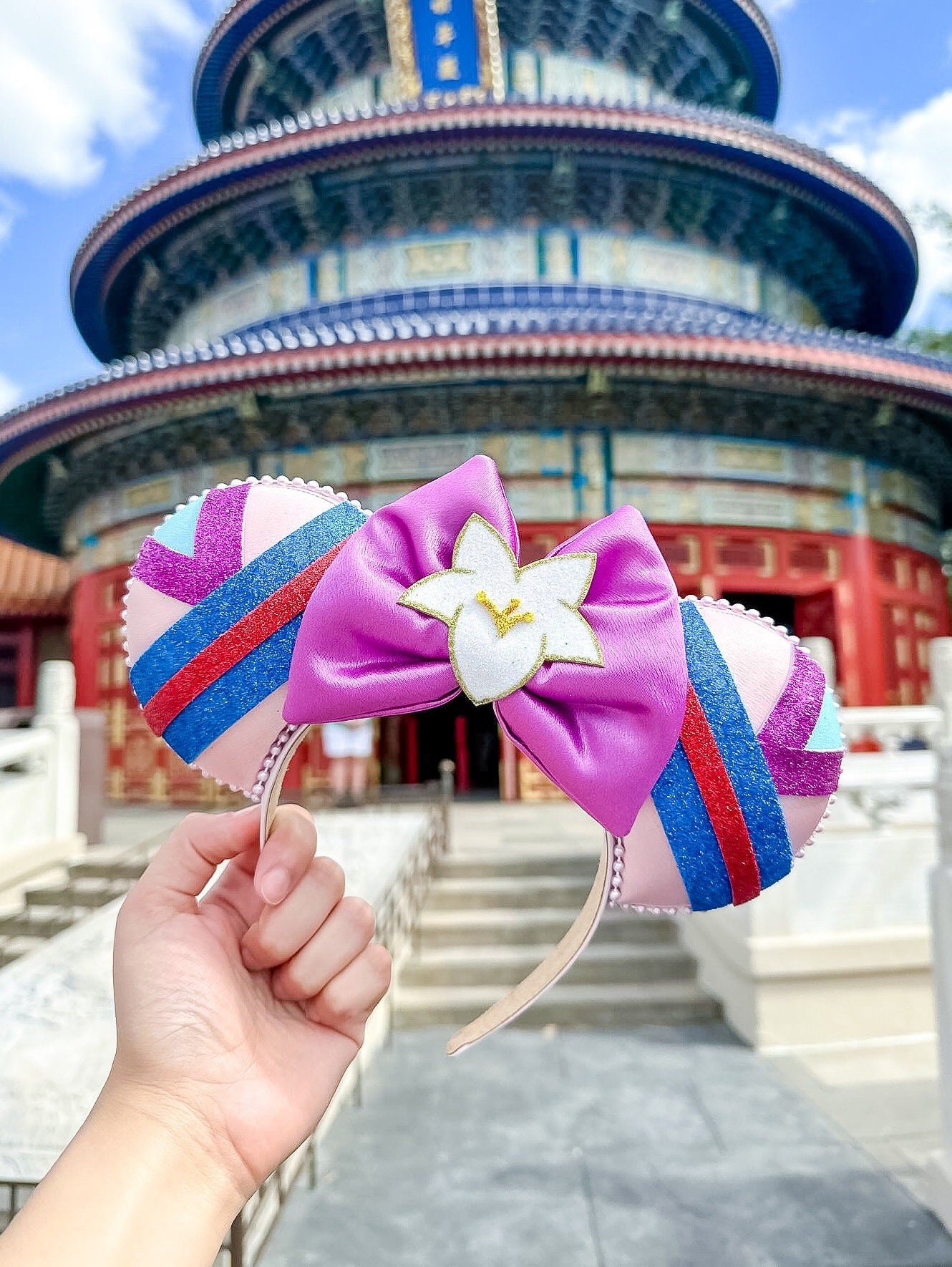 Disney Aqua Teal Mulan Mouse Ear Headband with Coral Flower Floral Moana Ears Headband, Tropical Disney Princess Mouse  main image 2
