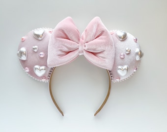 Valentines Day Pearl Heart Velvet Inspired Mouse Ears Mickey Ears Headband