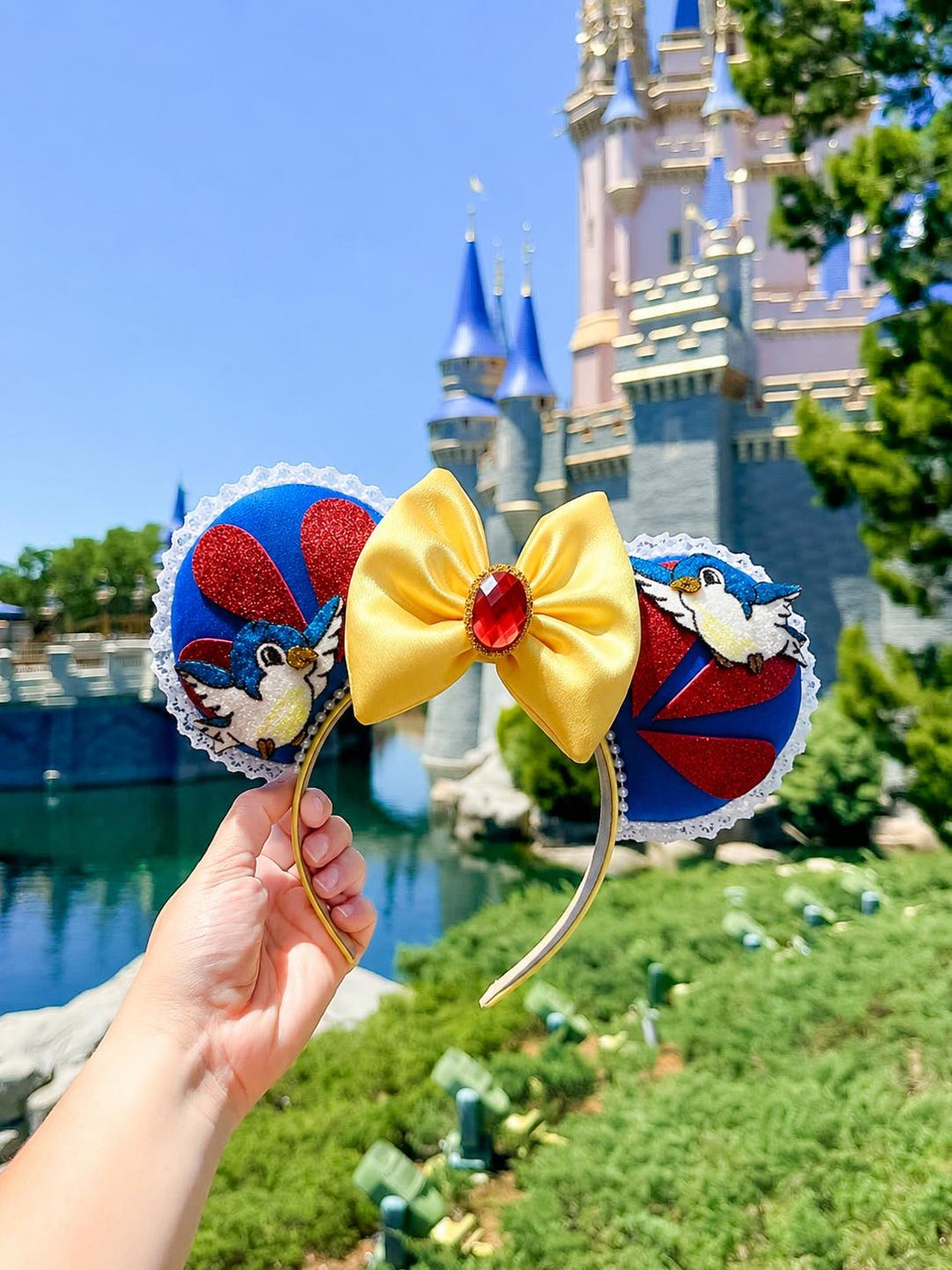 Custom Snow White Themed Mouse Ears Headband Snow White Velvet Mouse Ears, Rhinestone Jewel Headband, Red  main image 3