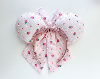 Valentines Day Spring Strawberry Bow Inspired Mouse Ears Wedding Mickey Ears Headband