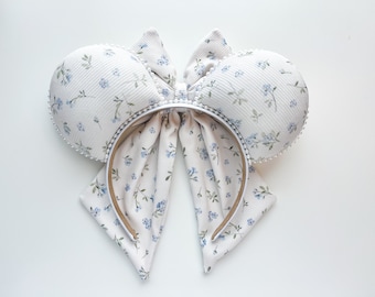 Valentines Day Spring Blue Floral Bow Inspired Mouse Ears Wedding Mickey Ears Headband