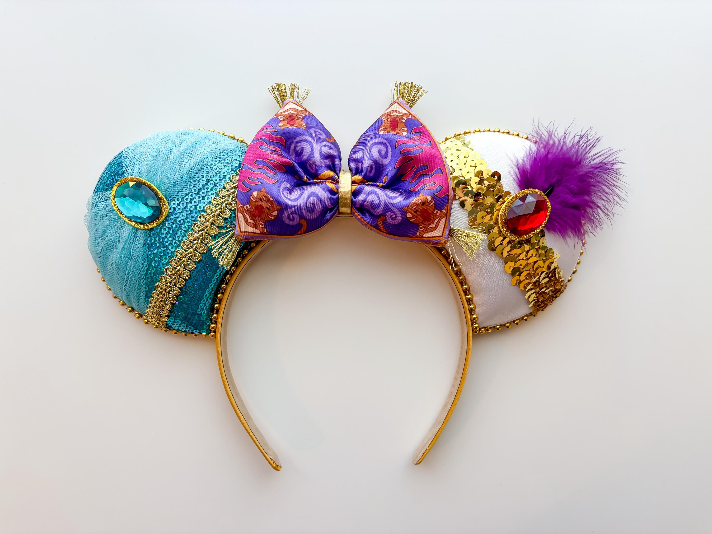 New York Couture Disney Vtg Aladdin Princess Jasmine Mouse Ears Bonnet Headband Disney Shanghai Aladdin Jasmine Magic Carpet Bow Sequined  main image 2