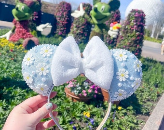 Pearl Velvet Blue Spring Daisy Inspired Mouse Ears Mickey Ears Headband | PREORDER Ships in 10 business days