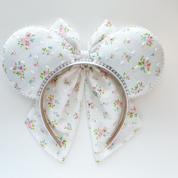 Valentines Day Spring Floral Bow Inspired Mouse Ears Wedding Mickey Ears Headband | PREORDER Ships in 10 business days 