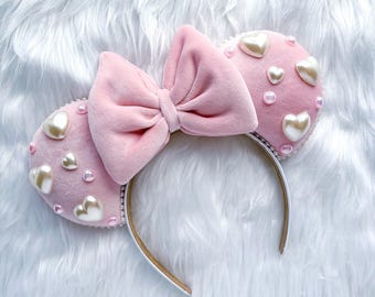 Valentines Day Pearl Heart Velvet Inspired Mouse Ears Mickey Ears Headband | PREORDER Ships in 10 business days