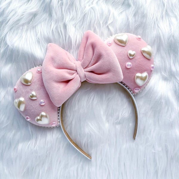 Valentines Day Pearl Heart Velvet Inspired Mouse Ears Mickey Ears Headband | PREORDER Ships in 10 business days