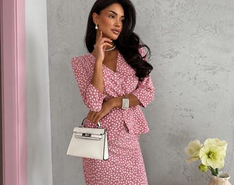 Elegant Polka Dot Skirt Set for Women, Peplum Blouse & Maxi Skirt, Pink or Brown Co-Ord Set, Vintage Inspired Outfit