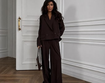 Elegante conjunto de traje para mujer, pantalón palazzo y blazer, pantalón de pierna ancha de talle alto, conjunto minimalista de dos piezas, conjunto elegante para la oficina S M