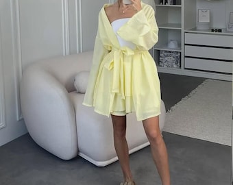 Summer Kimono Set Women Linen Look Co-Ord Set Oversized Kimono & Skort Set Lightweight Lounge Outfit Vacation Outfit Beach Cover Up