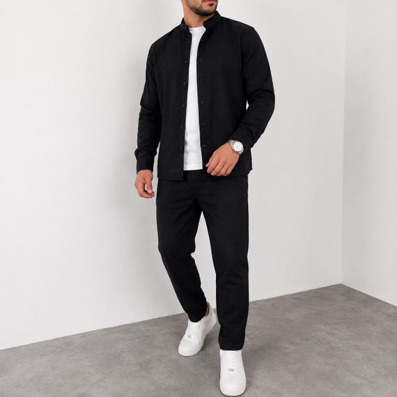 Men’s Linen Suit Set | Summer Men Co-ord Outfit | Casual Linen Shirt & Pants Set | Minimalist Two Piece Set | Black Beige Gray Outfit