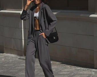 Grafitfärgad tvådelad kostym för kvinnor – Överdimensionerade kavajbyxor med palazzo, högmidjade byxor med vida ben, elegant minimalistisk outfit