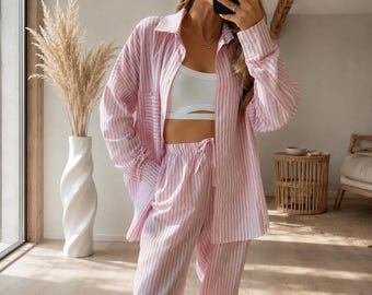 Linnen tweedelig set dames, oversized shirt en wijde broek, gestreepte loungeset, pyjama-outfit, zomerlinnen combi-set