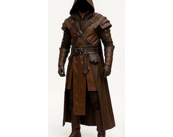 Trench médiéval en cuir des Rangers, cape de vagabond marron en cuir véritable, tenue de cosplay fantaisie en cuir d'agneau fait main, cadeau pour lui