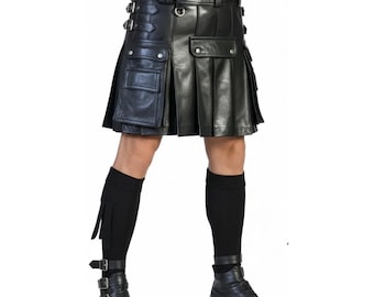 Kilt en cuir d'agneau véritable fait main, kilt utilitaire en cuir véritable noir avec poches, jupe en cuir gothique punk steampunk, cadeau pour lui